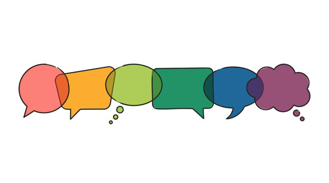 Row of colorful overlapping hand drawn speech and thought bubbles in various shapes on white background, perfect for social media communication, business feedback and creative brainstorming