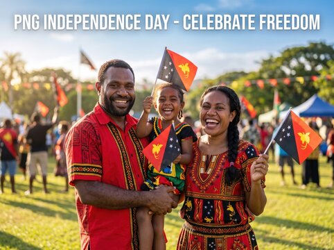 Papua new guinea family smiling and holding national flags during an outdoor independence day celebration on a sunny grassy field with people in the background
