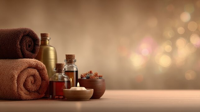 Spa Treatment Setup with Oils, Candle, and Stones for Relaxation