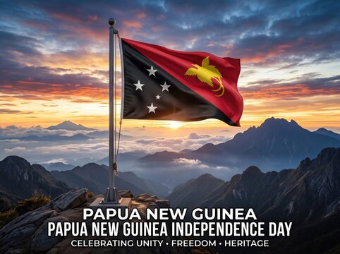 Papua new guinea flag waving on a metal pole atop a rugged mountain peak at sunrise with a dramatic cloudy sky and text overlay celebrating independence day