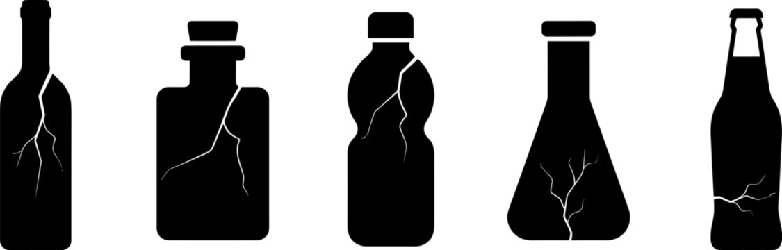Five black silhouettes of various broken glass bottles with cracks