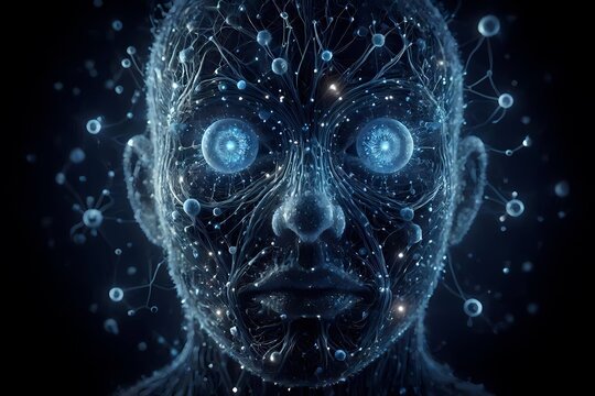 A neurons abstract composition of a network of neurons arranged in the shape of a human face, with the eyes as two large, glowing synapses, Ai generated image
