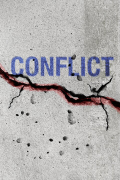 Cracked surface with geopolitics text divided by red line representing global conflict