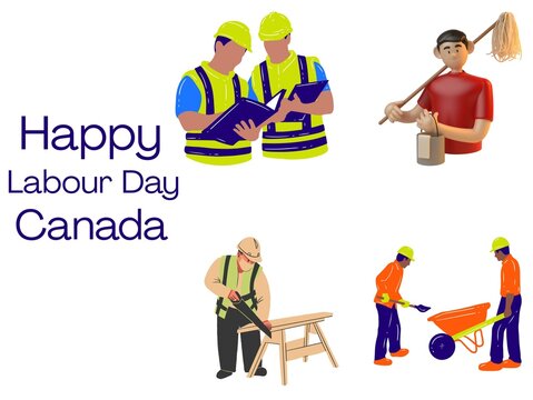 Happy Labour Day Canada 2026 vector illustration set featuring diverse manual workers including engineers, a carpenter, construction crew, and a cleaner, neat flat design isolated on a clean white bac