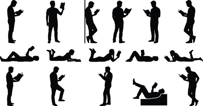 Set of black vector silhouettes of people reading books in various poses