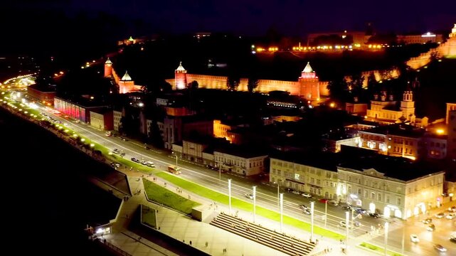 Nizhny Novgorod, Russia. Drone footage of the Kremlin walls of Nizhny Novgorod. Volga river embankment. Night time. Drone footage