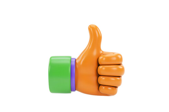 3d rendered orange hand showing a thumbs up gesture with a green sleeve, isolated on a white background, social media like reaction symbol