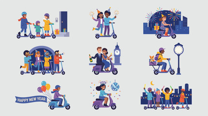 Fototapeta premium Diverse people celebrating new year on scooters with fireworks, gifts, and balloons, flat design illustration