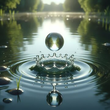A meditative close-up of a single water droplet falling onto a still pond, captured at the exact moment of impact, creating a perfect crown-shaped splash, Ai generated image