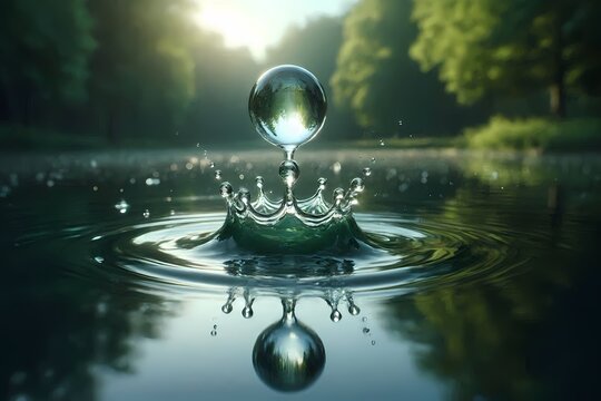 A meditative close-up of a single water droplet falling onto a still pond, captured at the exact moment of impact, creating a perfect crown-shaped splash, Ai generated image