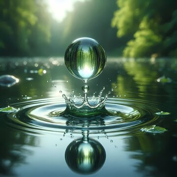 A meditative close-up of a single water droplet falling onto a still pond, captured at the exact moment of impact, creating a perfect crown-shaped splash, Ai generated image
