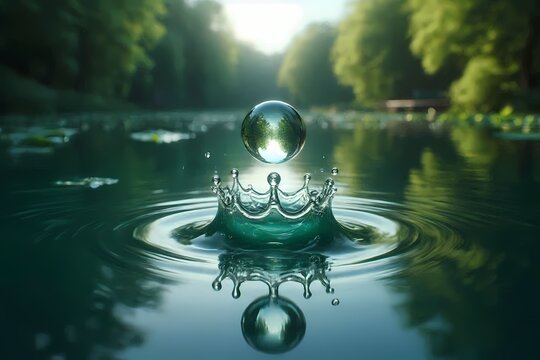 A meditative close-up of a single water droplet falling onto a still pond, captured at the exact moment of impact, creating a perfect crown-shaped splash, Ai generated image