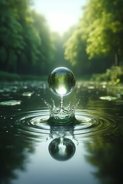 A meditative close-up of a single water droplet falling onto a still pond, captured at the exact moment of impact, creating a perfect crown-shaped splash, Ai generated image