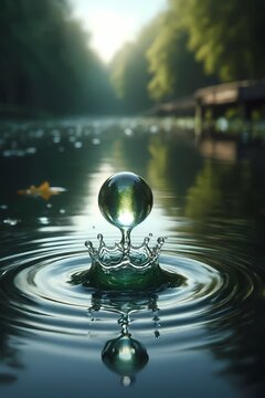 A meditative close-up of a single water droplet falling onto a still pond, captured at the exact moment of impact, creating a perfect crown-shaped splash, Ai generated image