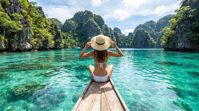 Woman in bikini relaxing on a wooden boat admiring the stunning tropical seascape view