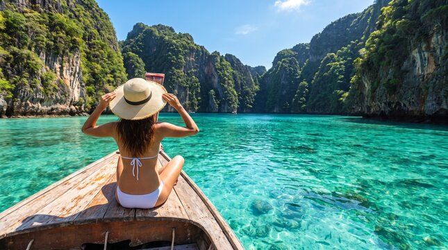 Woman in bikini enjoying a scenic boat ride through turquoise waters with lush green cliffs