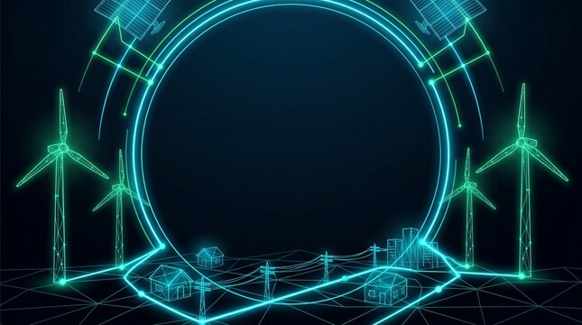 Futuristic Dark Smart Green Energy Background with Glowing Neon Grid and Copy Space