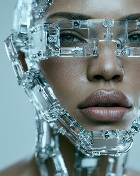 Human face formed by unbreakable glowing cryptographic glass chain with pitch black minimalist background on the left for vast copy space.