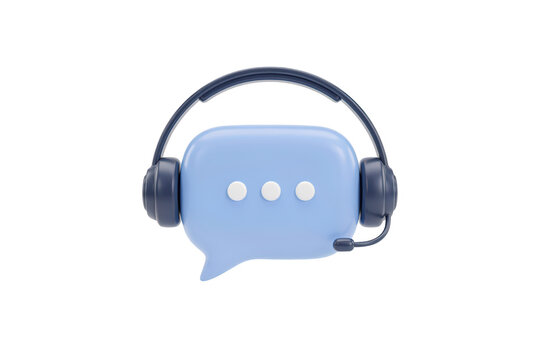 3d render of a light blue speech bubble with three white dots and dark blue headphones with a microphone on a white background