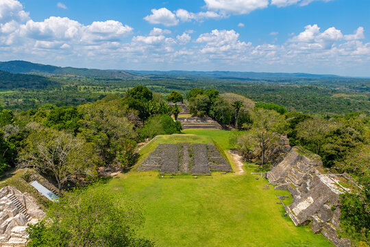 Aerial landscape of Mayan city Xunantunich, Cayo District, Belize.
