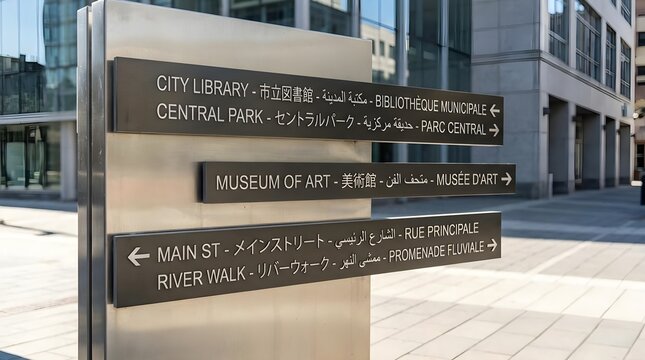 City Wayfinding Sign in Several Languages