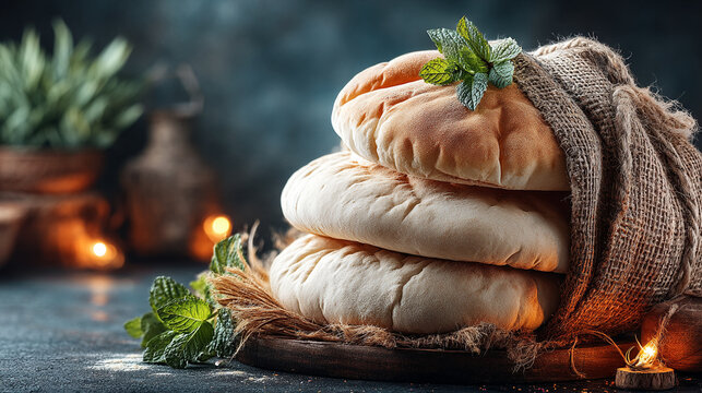 Stack of freshly baked pita bread flatbread wrapped in burlap on a dark rustic table