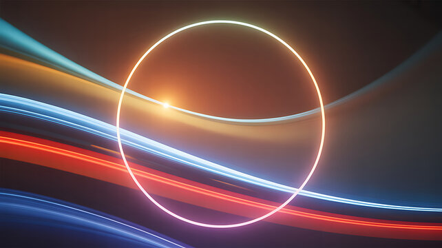 Abstract futuristic dark background with glowing neon circle frame and dynamic colorful light