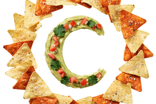 A circular arrangement of crispy corn tortilla chips surrounding a central ring of creamy green guacamole topped with diced tomatoes and cilantro