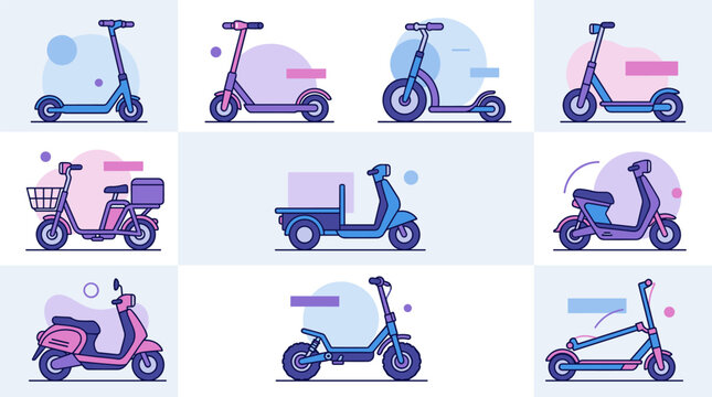 Set of nine flat design vector icons depicting various electric scooters and personal mobility vehicles, isolated on a light blue background.