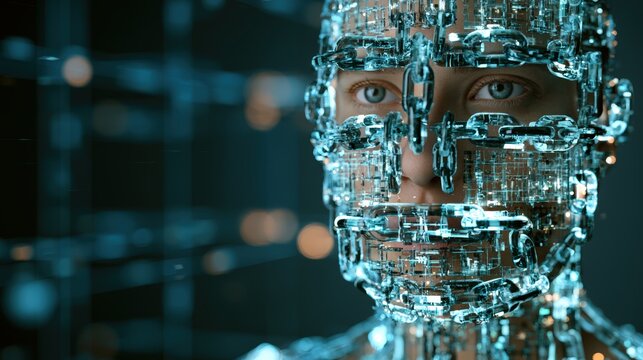 Human face formed by unbreakable glowing cryptographic glass chain with pitch black minimalist background on the left for vast copy space.