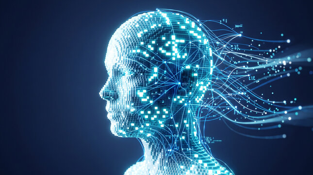 Digital human brain constructed from glowing blue cubes with interconnected network nodes representing neural network science.