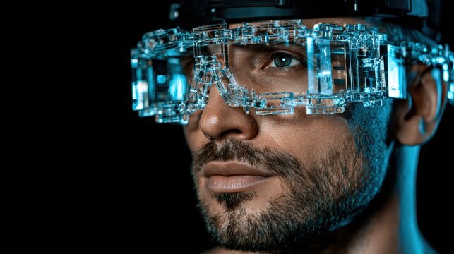 Human face formed by unbreakable glowing cryptographic glass chain with pitch black minimalist background on the left for vast copy space.