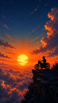 Lone Motorcyclist Silhouette at Sunset Above Cloud Canopy Wallpaper