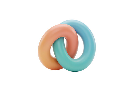 Two interlocking rings in peach and teal colors forming a simple chain link, rendered as a3d isolated on a solid black background