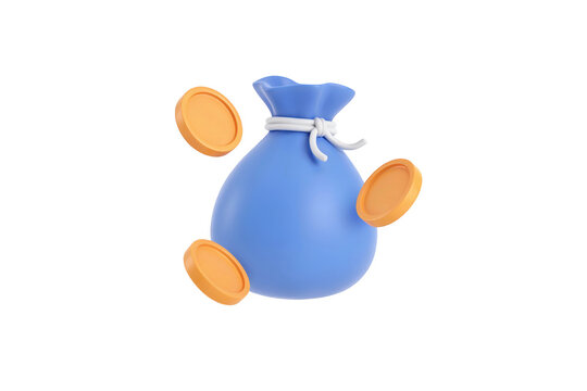 3d rendered blue money bag with a white drawstring tied at the surrounded by three floating orange gold coins on a white background