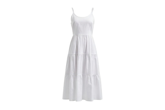 A sleeveless white summer midi dress with a tiered skirt and thin spaghetti straps, displayed on a clean white background, for fashion