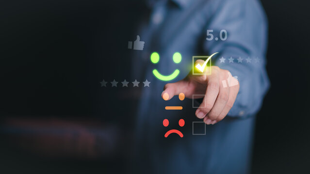 Customer experience specialists analyze customer satisfaction ratings, customer feedback, five-star review, service quality, customer experience, brand trust, consumer insights, performance evaluation