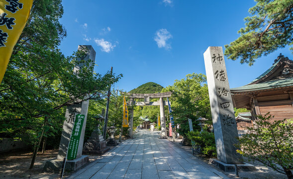 Stone staircase leading to Miyajidake Shrine with sun flare through trees in Fukutsu, Fukuoka, Japan