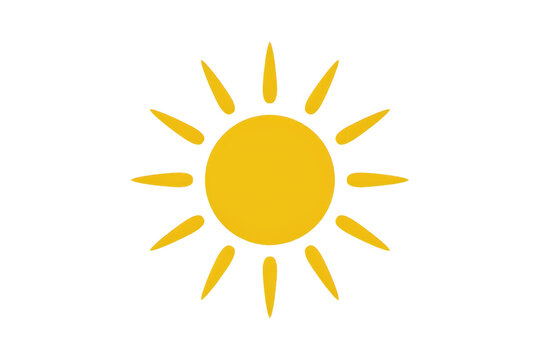 A bold yellow sun with twelve radiating rays, displayed as a flat symbol on a solid black background, for weather or, summer concepts