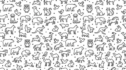Fototapeta premium Cute animals line art seamless pattern with cute dogs, cats, bears, elephants, birds and horses on white background, ideal for textile design, wrapping paper and packaging background