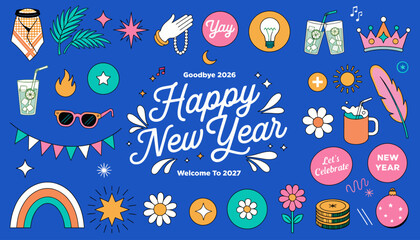 Naklejka premium Happy New Year 2027 colorful celebration icons and symbols