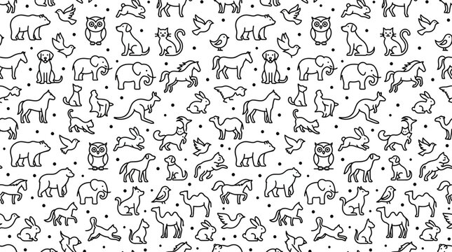 Cute animals line art seamless pattern with cute dogs, cats, bears, elephants, birds and horses on white background, ideal for textile design, wrapping paper and packaging background