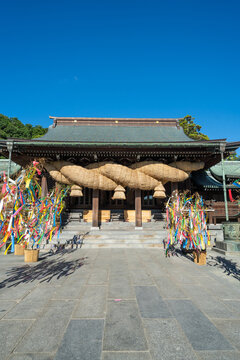 Miyajidake Shrine main hall with giant shimenawa sacred rope in Fukutsu, Fukuoka, Japan