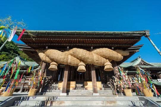 Miyajidake Shrine main hall with giant shimenawa sacred rope in Fukutsu, Fukuoka, Japan