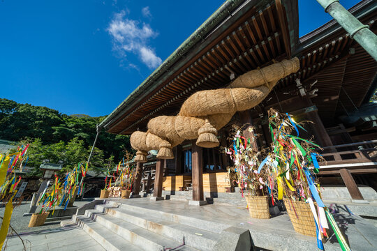Miyajidake Shrine main hall with giant shimenawa sacred rope in Fukutsu, Fukuoka, Japan