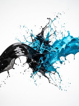 Bold black and cyan fluid streams collide and spread into an expressive abstract splash pattern.