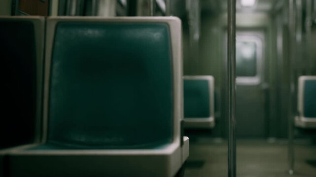 A quiet subway train car sits empty during early morning hours. The seats are green and gray, and metal poles reflect light. The atmosphere feels still and waiting for passengers.