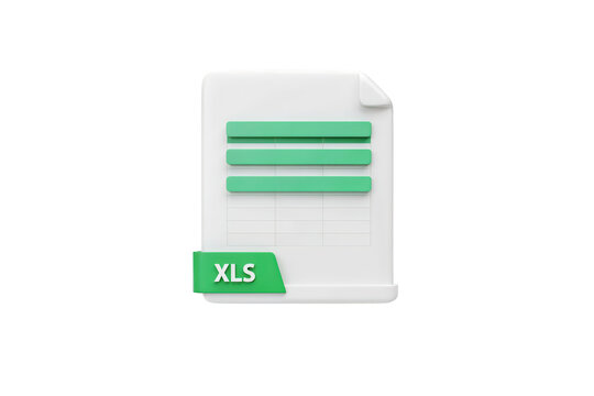 3d of a white spreadsheet document file with green horizontal lines and a green tag labeled xls, rendered on a plain white background