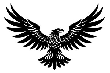Obraz premium Black silhouette of an eagle with wings spread wide and claws extended, bold vector design symbolizing strength, freedom, and power in a stylized graphic illustration.
