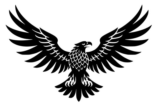 Black silhouette of an eagle with wings spread wide and claws extended, bold vector design symbolizing strength, freedom, and power in a stylized graphic illustration.